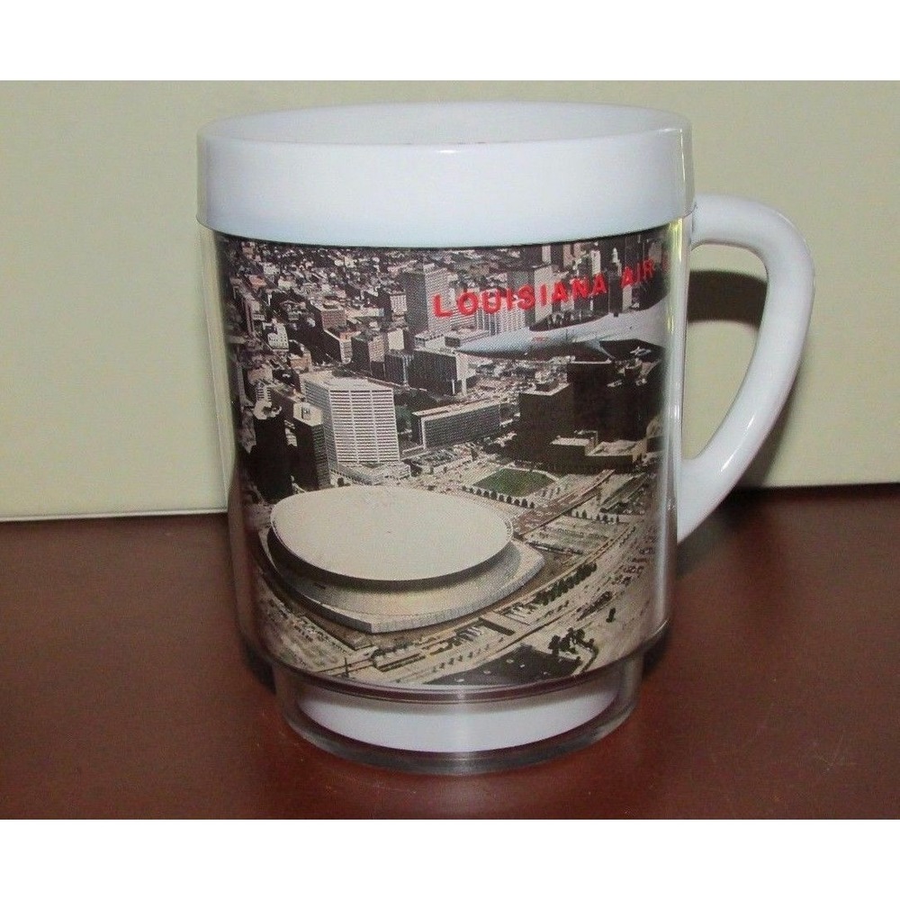 Louisiana Air Guard jet over New Orleans Dome insulated plastic coffee cup mug